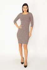 ROBE À MANCHES CABAS EN TISSU LYCRA JACQUARD MARRON POUR FEMME