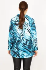 Kadın Mavi Büyük Beden Çıtçıt Kapama Anvelop Ön Büzgülü Tunik