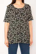 Kadın Büyük Beden Siyah Pamuklu Kumaş Bisiklet Yakalı Çiçek Desenli Tunik 65N36825