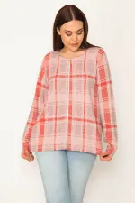 KADIN KIRMIZI ÖN FERMUARLI EKOSE DESEN ASTARSIZ CEKET