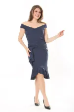 Kadın Büyük Beden Lacivert Bel Drapeli Etek Ucu Volanlı Elbise 65N37908