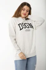 Kadın Büyük Beden Gri İçi Şardonlu Nakış Ve Kapşon Detaylı Sweatshirt 65N37208