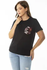 Kadın Büyük Beden Siyah Peto Cepli Kısa Kollu Bluz 65N36947