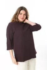 Kadın Büyük Beden Mürdüm Sıfır Yakalı Kendinden Desenli Kapri Kollu Tunik 65N37495