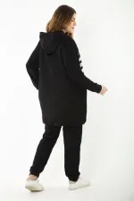 Kadın Büyük Beden Gri Baskı Ve Fermuar Detaylı Kapşonlu Sweatshirt Pantolon Takım 65N37128