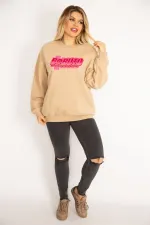 Kadın Camel İçi Şardonlu 3 İplik Kumaş Sırtı Dijital Baskılı Sweatshirt 65N35082