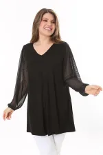 Kadın Büyük Beden Siyah Kolları Tül Önü A Pileli Tunik 65N37784