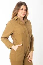 Women's Khaki Front Hidden Snap Button Pocket Denim Overalls 65N37370