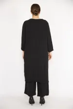 Kadın Büyük Beden İndigo Hırka İç Bluz Ve Pantolon Üçlü Takım