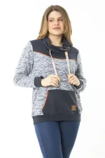 Kadın Büyük Beden Kuşgözü Bağcık Ve Süs Düğme Detaylı Kanguru Cepli Dik Yaka Sweatshirt 65N37122