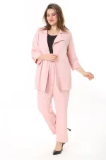 Kadın Büyük Beden Pembe Kol Boy Ayarlı Astarsız Ceket Ve Beli Lastikli Pantolon Takım 65N37779
