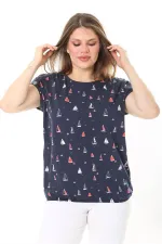 Kadın Büyük Beden Lacivert Pamuk Kumaş Etek Ucu Lastikli Düşük Kollu Bluz 65N37895