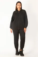 Ensemble sweat-shirt et pantalon à capuche avec fermeture éclair sur le devant et détails en pierre pour femme, noir