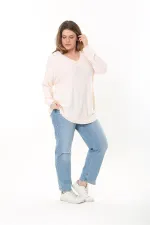 Kadın Büyük Beden Pudra V Yakalı Kendinden Çizgili Uzun Kollu Tunik 65N37527