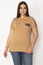 Kadın Bej Omuz Ve Cep Ağzı Taş Detaylı Viskon Bluz 65N29286