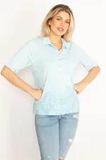 Kadın Haki Polo Yaka Pat Düğmeli Sim Ve Taş Detaylı Bluz 65N34521