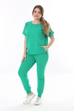 Kadın Büyük Beden Saks Taş Detaylı Kısa Kollu Sweatshirt Pantolon Takım 65N37702