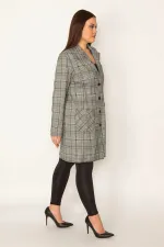 KADIN GRİ EKOSE DESENLİ ASTARSIZ ÖN DÜĞMELİ CEPLİ UZUN CEKET