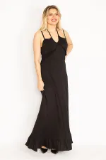 Kadın Siyah Askı Ve Yakası Fırfır Detaylı Etek Ucu Katlı Uzun Elbise 65N35236