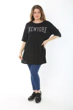 Kadın Büyük Beden Siyah Taş Ve Sim Detaylı Yan Yırtmaçlı Bluz 65N37466