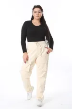 Kadın Büyük Beden Bej Cep Ve Yan Paça Çıtçıt Düğme Detaylı Spor Pantolon 65N38676