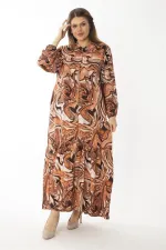 Kadın Büyük Beden Renkli Dokuma Viskon Kumaş Ön Boy Düğmeli Etek Ucu Katlı Elbise 65N37087