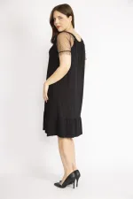 Kadın Kırmızı Büyük Beden Kolları Tül Yakası Lastik Detaylı Etek Ucu Katlı Elbise