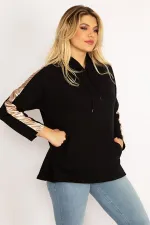 Women's Black Sleeves Gold Stripe Detailed Hooded Kangaroo Pocket Sweatshirt 65N34671