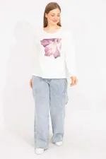 Kadın Kemik Büyük Beden Pamuklu Kumaş Kapri Kol Baskılı Bluz 65N35563