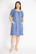 Kadın Mavi Büyük Beden Yakası Lastik Detaylı Ön Cepli Elbise