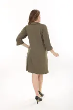 Kadın Büyük Beden Haki V Yakalı Cepli Krep Elbise 65N37658