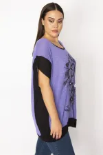 Kadın Eflatun Taş Ve Baskı Detaylı Kol Bağcıklı İki Renkli Tunik 65N29494