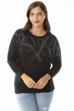 Kadın Büyük Beden Siyah Taş Detaylı Yarasa Kol Bluz 65N36862