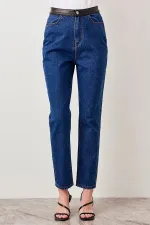 Kadın Mavi , Deri Detaylı , Yüksek Bel Kot Pantolon