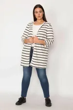 Kadın Kemik Pamuklu Kumaş Çizgili Hırka 65N29664