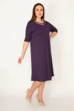 KADIN MOR YAKASI TÜL VE DANTEL DETAYLI ELBİSE
