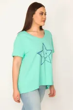 KADIN YEŞİL TAŞ BASKILI V YAKALI BLUZ