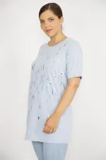 Kadın Büyük Beden Bebe Mavisi Payet Ve Taş İşli Bisiklet Yakalı Bluz