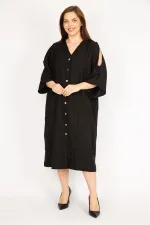 Kadın Camel Büyük Beden Omuz Dekolteli Ön Düğmeli Elbise