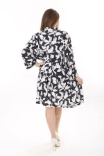 Kadın Büyük Beden Siyah Ön Pat Fermuarlı Beli Tünel Bağcıklı Kapri Kollu Elbise 65N37623