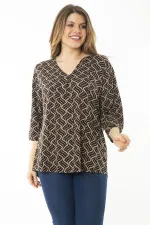 Kadın Büyük Beden Kahve Yaka Pileli Kapri Kollu Bluz 65N37147