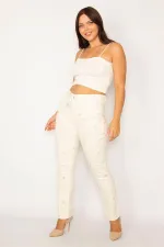 Kadın Bej Ekose Baskılı Likralı 5 Cepli Kot Pantolon 65N34151