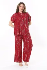Kadın Büyük Beden Bordo Ön Düğmeli Bluz Beli Lastikli Panyolon İkili Takım 65N37971