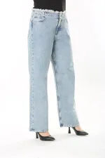 Kadın Büyük Beden Mavi Kemeri Pis Dikişli Yıkama Efektli Kot Pantolon 65N38031