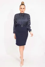 KADIN LACİVERT PUAN DESENLİ BELİ KEMERLİ ELBİSE