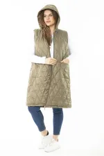 Kadın Büyük Beden Haki Ön Dermuarlı Kapşonlu Kapitone Astarlı Uzun Mont 65N37107