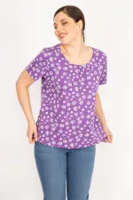 Kadın Lila Büyük Beden Pamuklu Kumaş Kısa Kollu Desenli Bluz