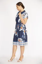 Kadın Lacivert Büyük Beden Yakalı Ön Pat Fermuarlı Beli Kuşaklı Elbise