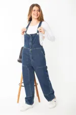 Salopette en jean bleu marine pour femme, boutonnée et à bretelles dissimulées, 65N37372