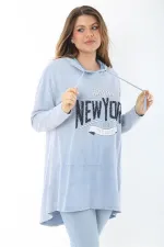 Kadın Büyük Beden Mavi Payet Detaylı Arkası Uzun Kapşonlu Sweatshirt 65N37463